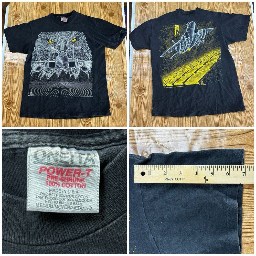 Vintage 1992 F15 Eagle Fighter Jet T Shirt USA Oneita Power T Large Blackbird